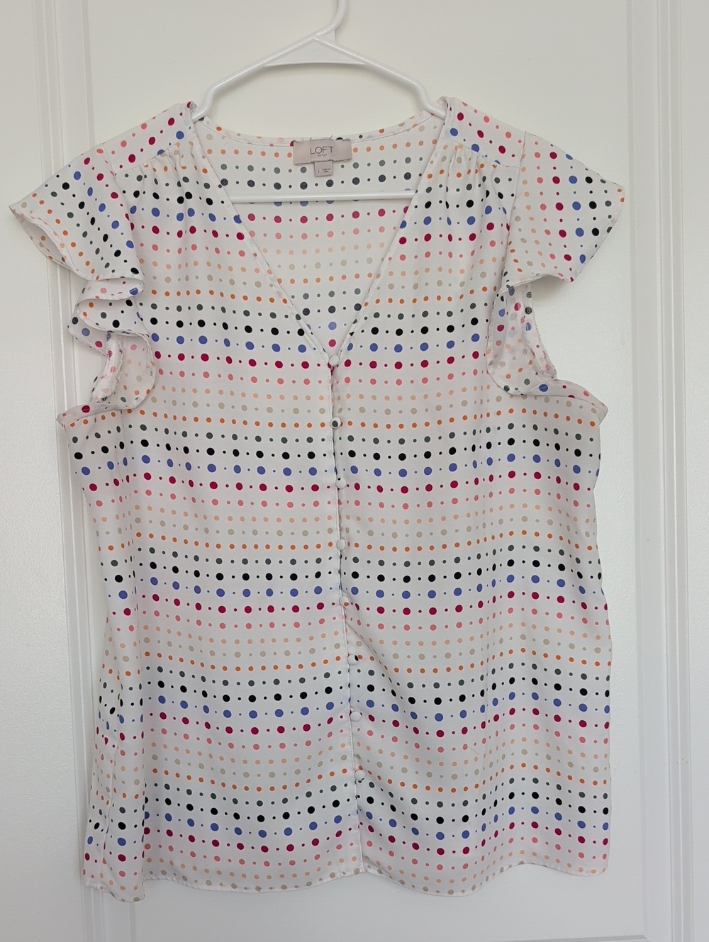 LOFT White Polka Dot Flutter Sleeve Blouse with Multi-Color Dots